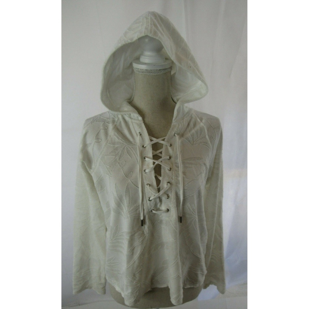Rag & Bone JEAN Off White Lace Up Front Hooded Sweatshirt Palm Jacquard Sz M